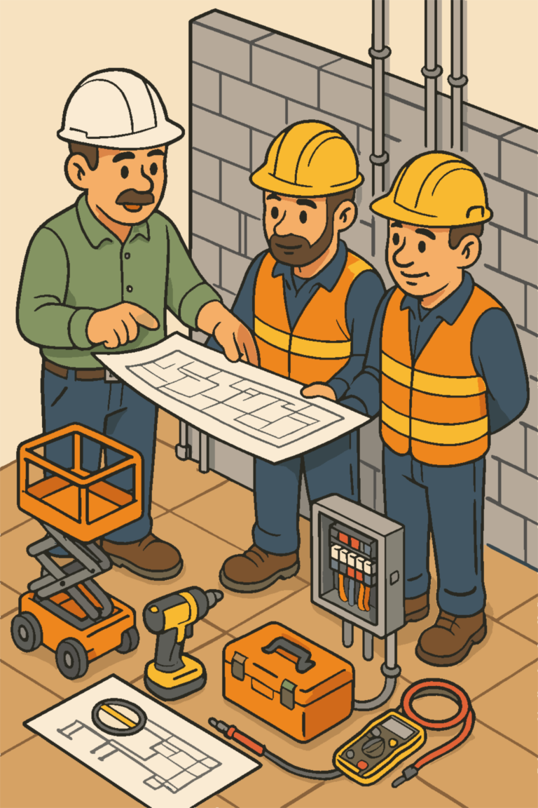 Ilustração de engenheiros e técnicos analisando uma planta elétrica com equipamentos e ferramentas ao redor, representando o planejamento estratégico e a execução profissional de projetos elétricos realizados pela HighTech.