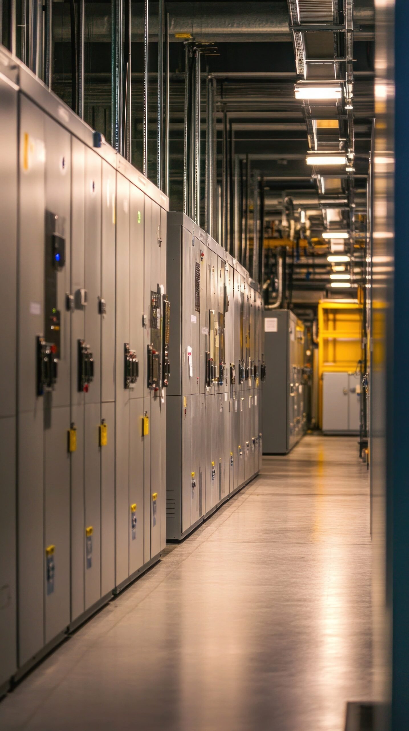 painéis de controle, distribuição elétrica, corredor técnico, infraestrutura industrial, sistemas de energia, automação elétrica, engenharia HighTech, data center