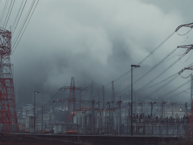 subestação urbana, torres de alta tensão, infraestrutura energética, linhas de transmissão, sistema elétrico, operação em clima severo, engenharia de energia