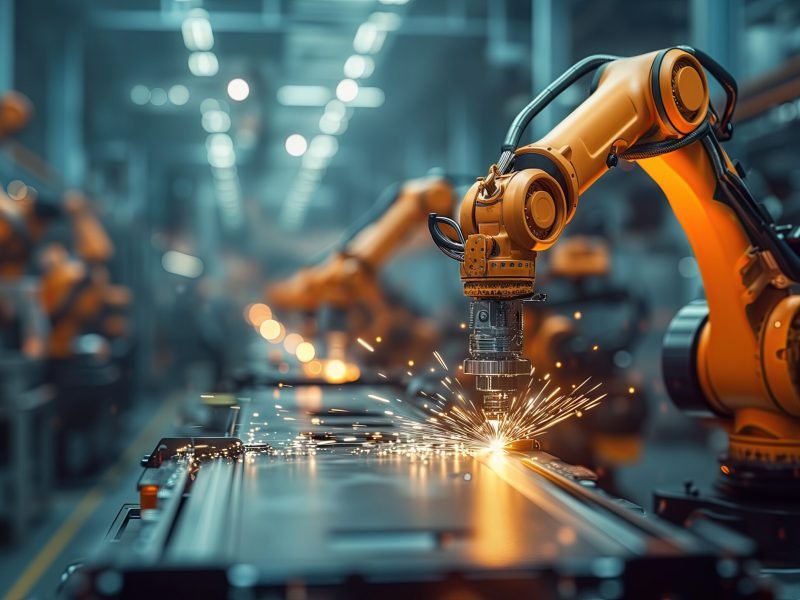 automation robot arms machine in intelligent factory industrial on real time monitoring system software. Welding robotics and digital manufacturing operations.