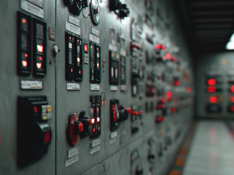 painel analógico, controle industrial, botões de emergência, comandos elétricos, sala de controle, automação clássica, energia industrial, operação manual